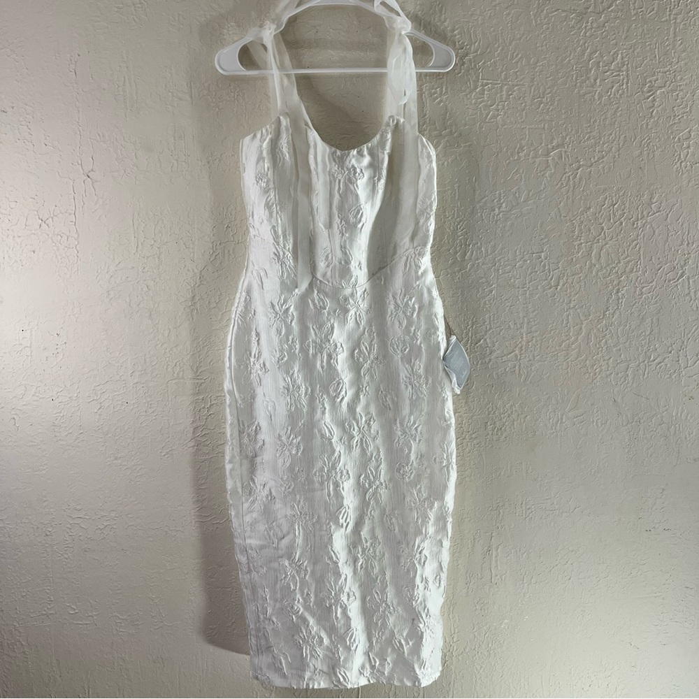 Lulu's Gorgeous Persona White Satin Jacquard Tie Strap Midi Dress - Picture 3 of 15